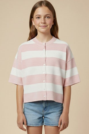 Pink Short Sleeve Striped Sweater