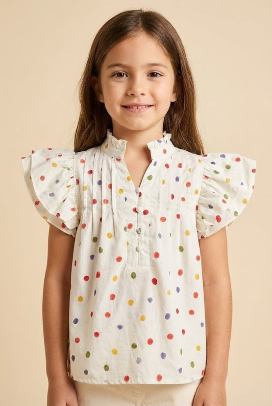 Girls Multicolor Polka Dot Pleated Blouse