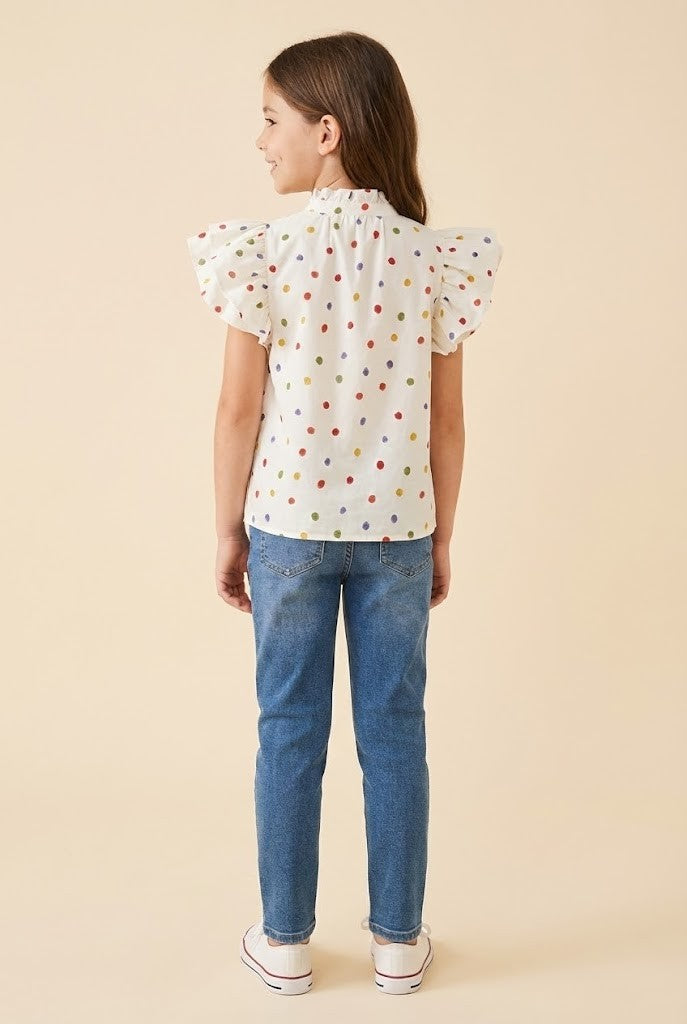 Girls Multicolor Polka Dot Pleated Blouse