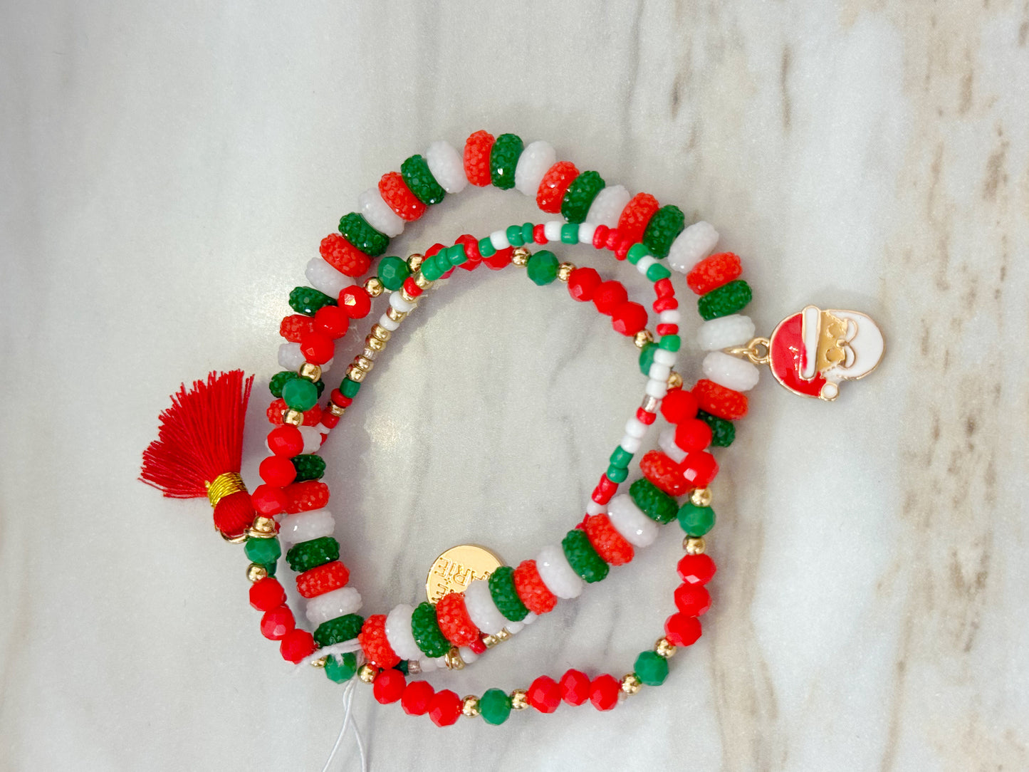 Kids Red, White, Green Beaded Stretch Bracelet with Red Santa