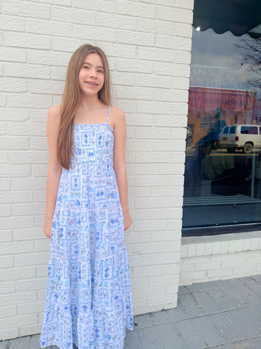 White + Blue Demure Floral Maxi