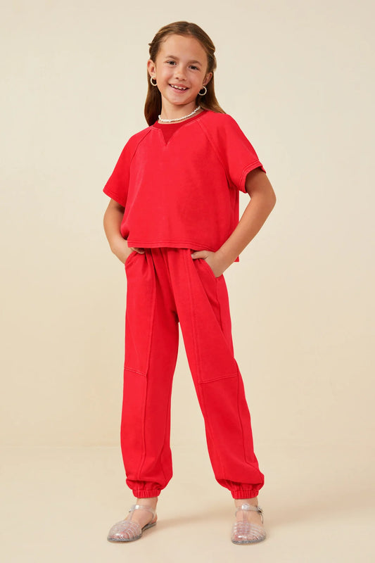 Girls Red Short Sleeve Knit Jogger Set