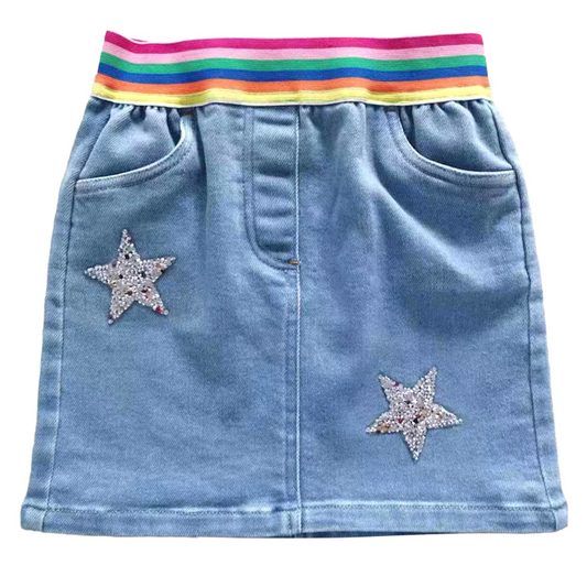Blue Denim Skirt - Rainbow Band