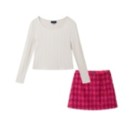 Charcoal Rib Jersey Ls Tee & Red Tweed Skirt Set