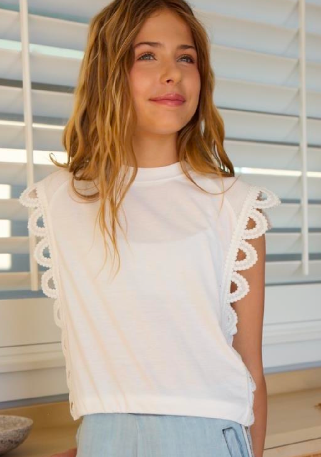 White Crochet Trim Cinch Waist Top