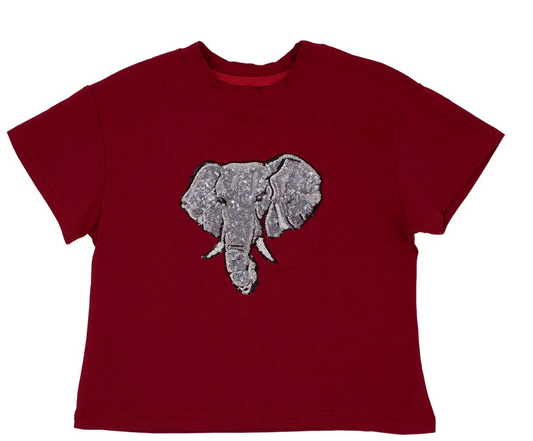 Game Day Sequin Elephant on Crimson Boxy-T