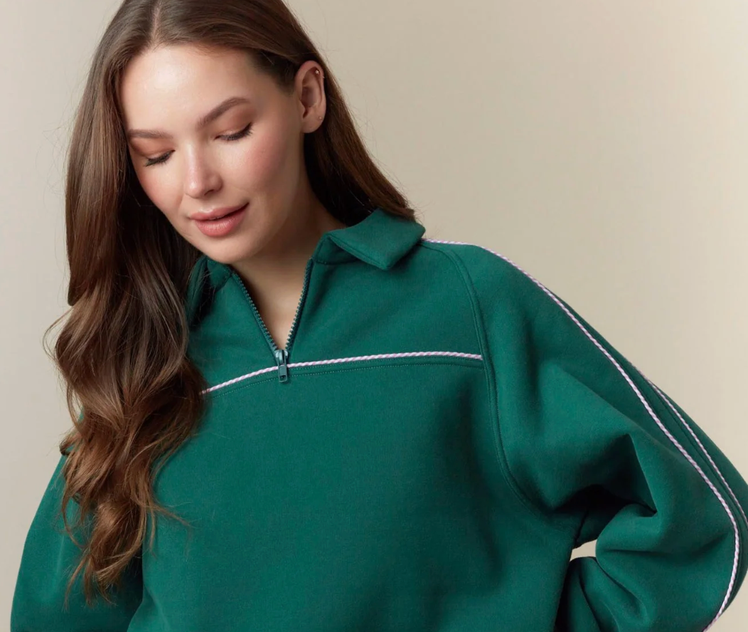 Gingham Piping Detailed Fleece French Terry Sweatshirt