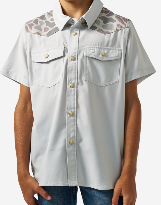 YOUTH PERFORMANCE WESTERN SHIRT - BIRD SZN - LIGHT GREY & CLASSIC DEER CAMO