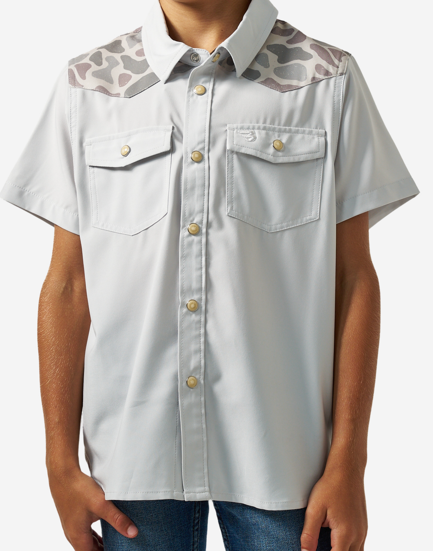 YOUTH PERFORMANCE WESTERN SHIRT - BIRD SZN - LIGHT GREY & CLASSIC DEER CAMO