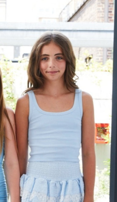 Stella Blue Ribbed Tank - Lace Trim