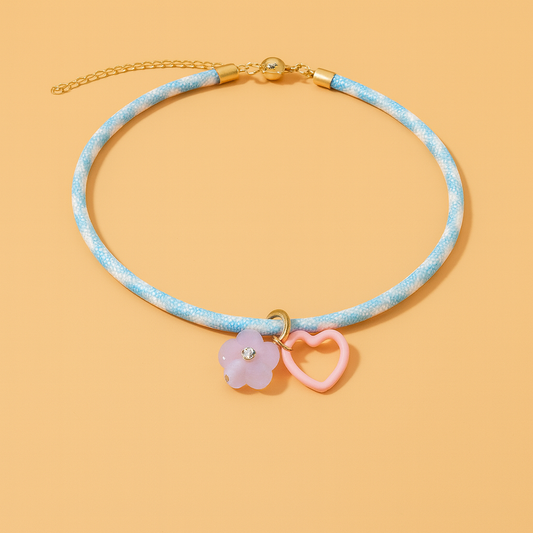 Cord Necklace - Blue w/ Flower + Heart Charms - Blakely