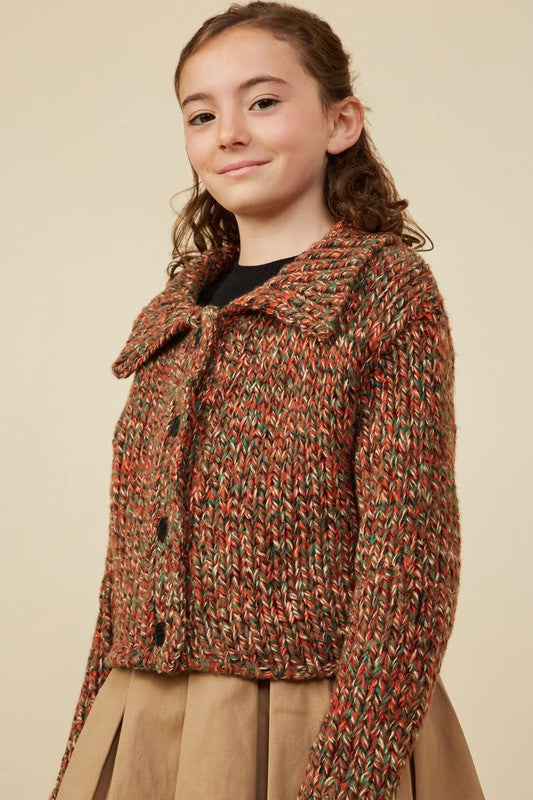 Girls Yarn Collared Button Sweater Cardigan
