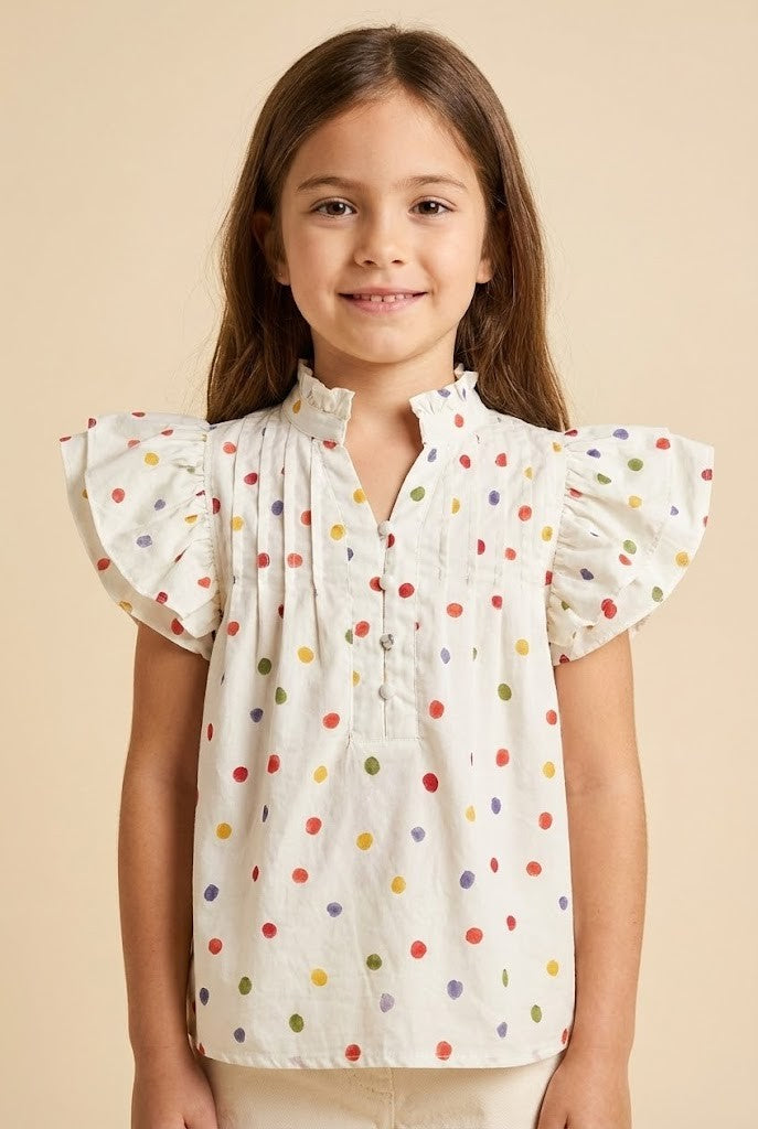 Girls Multicolor Polka Dot Pleated Blouse