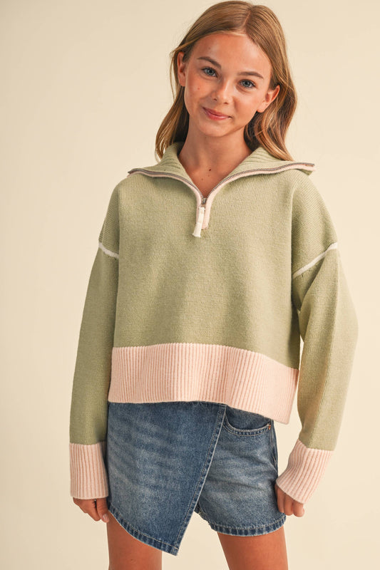TWEEN KIDS GIRLS HALF ZIP COLLAR SWEATER