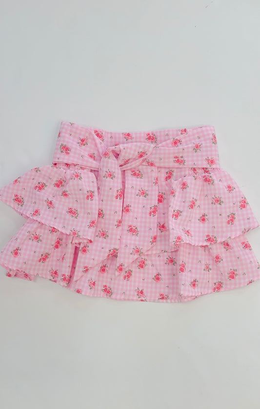 Pink Flower Gingham Skirt
