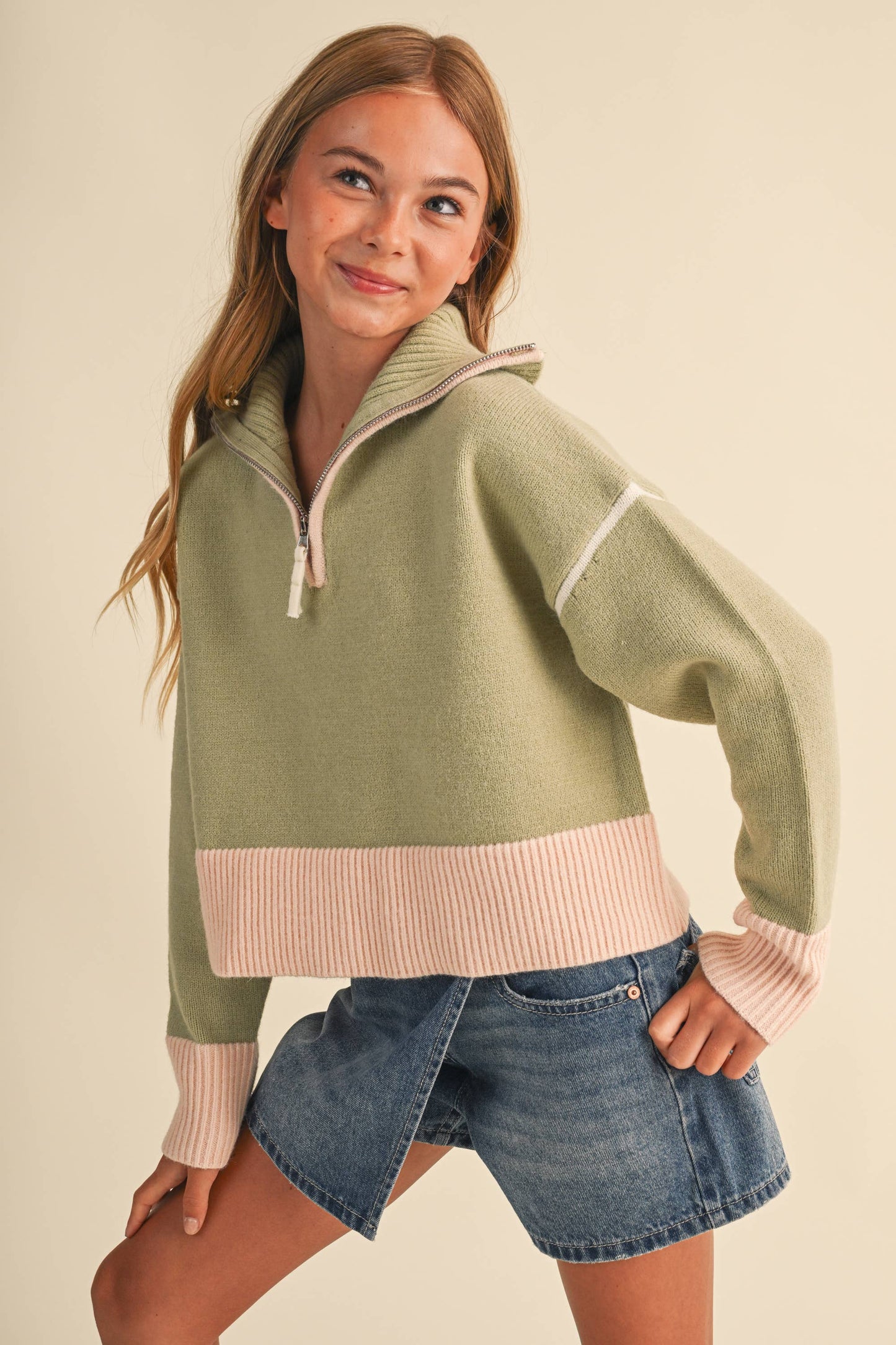 TWEEN KIDS GIRLS HALF ZIP COLLAR SWEATER