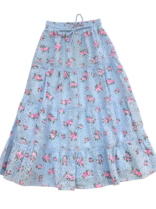 Aqua + Pink Floral Maxi Skirt