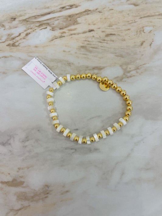 Gold and White Beaded Stretch Bracelet