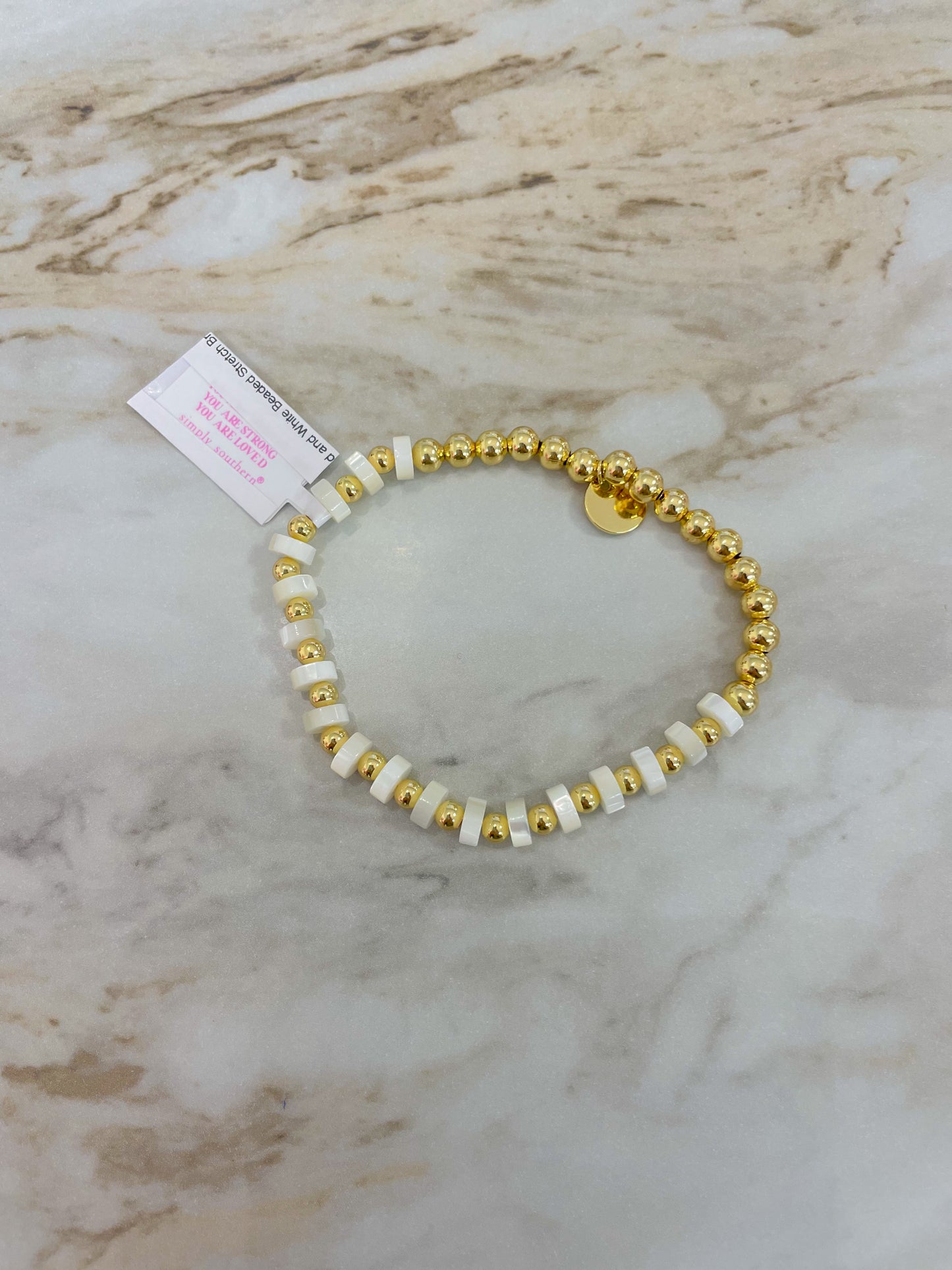 Gold and White Beaded Stretch Bracelet
