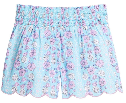 Shirred Scallop Shorts - Marguerite Floral Aqua