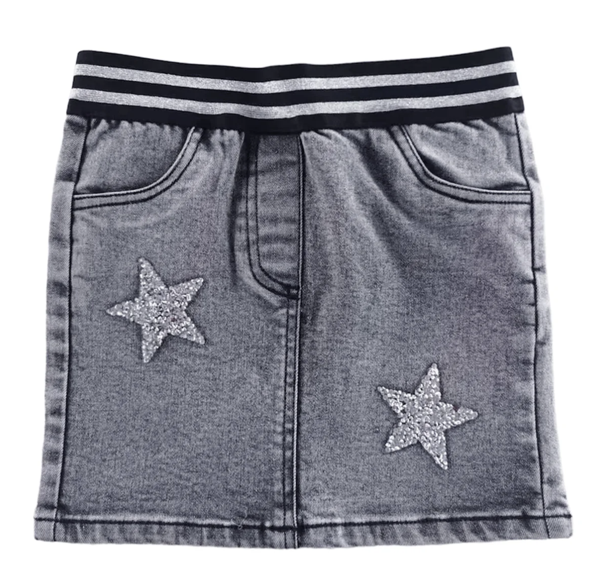 Black Denim Skirt - Waist Band Stripe