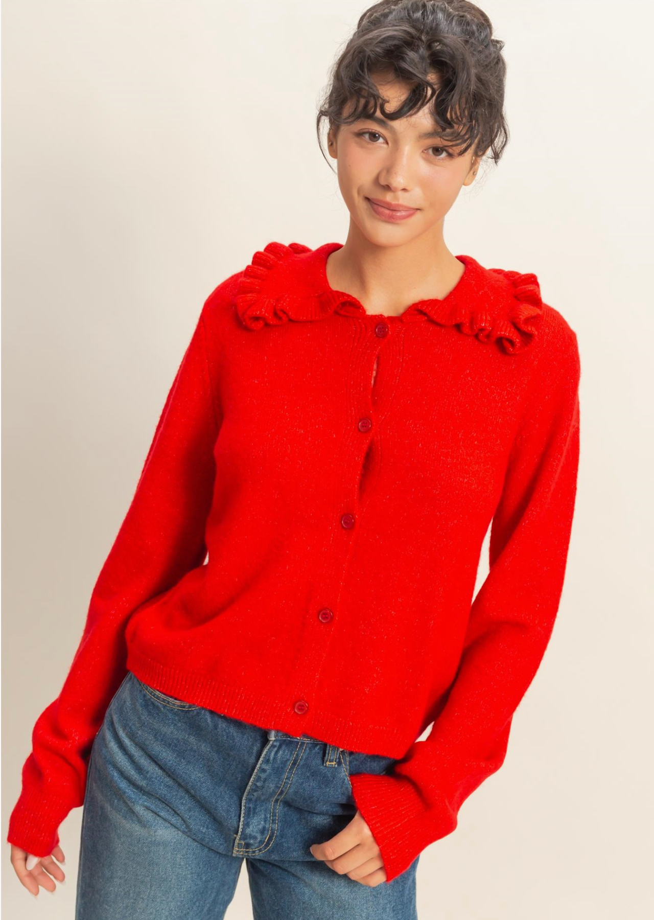 Ruffle Collar Cardigan Sweater