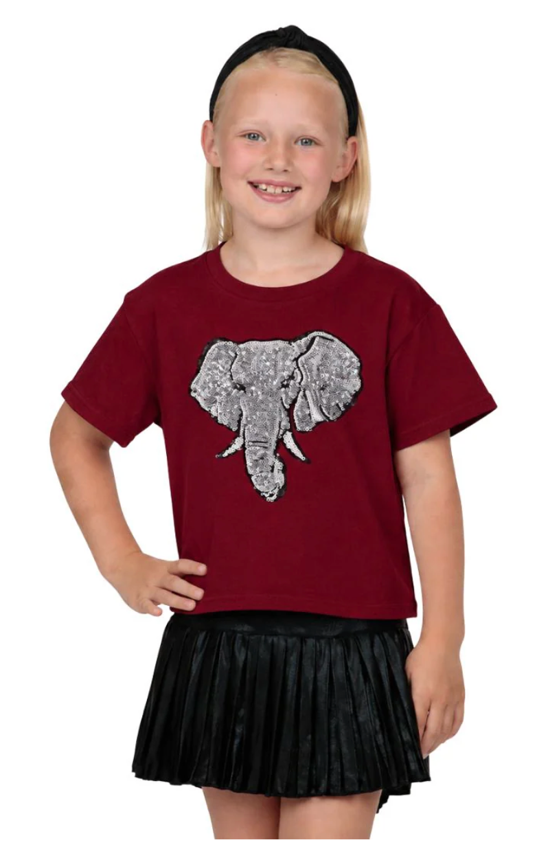 Game Day Sequin Elephant on Crimson Boxy-T