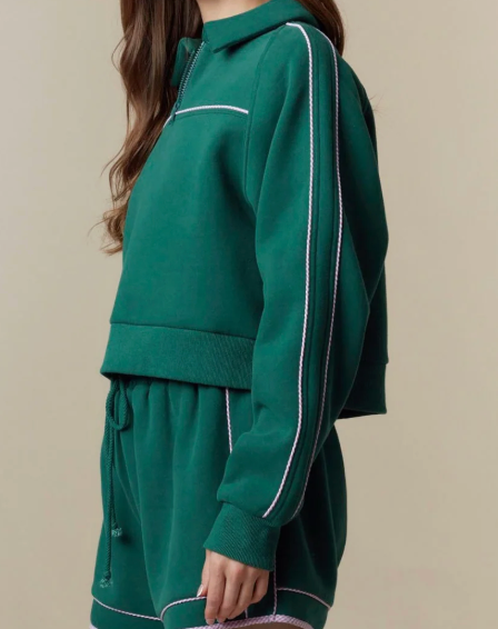 Gingham Piping Detailed Fleece French Terry Sweatshirt