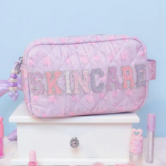 'SKINCARE' Quilted Floral Printed Pouch