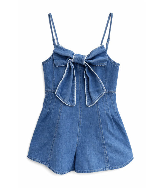 Front Bow Denim Romper